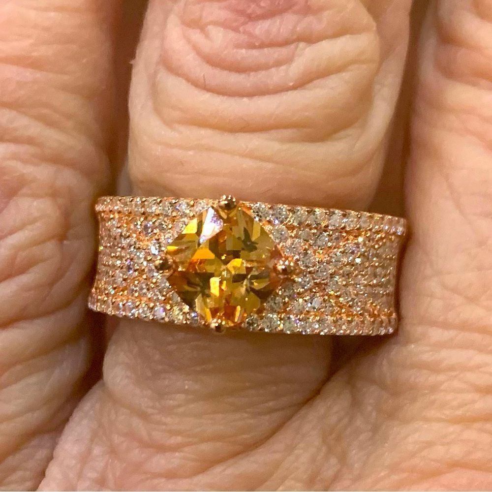 Champagne and white diamond simulant in 14k rose gold plated . 2.06 CTW Size9